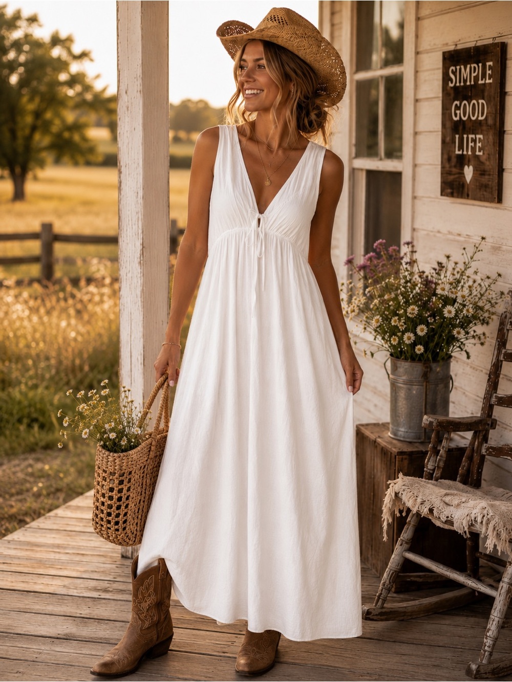 Visas Women’s White V-Neck Maxi Dress - M